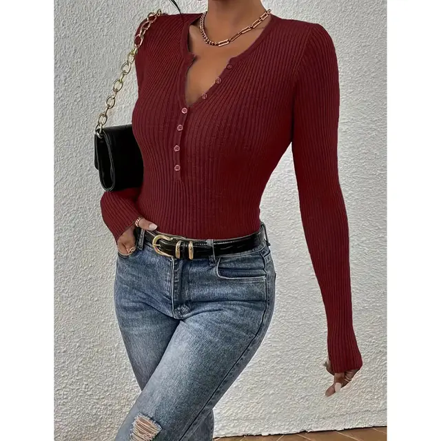 Women's V neck Long Sleeve Button Top Wine Red - Shop at LoveMi