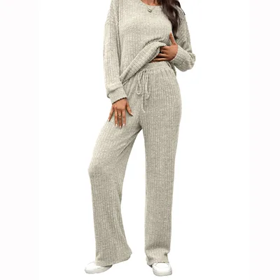 European And American Round Neck Knitted Long Sleeve Brushed Casual Long Sleeve Pants Home Wear Suit Oatmeal Color - Shop at LoveMi
