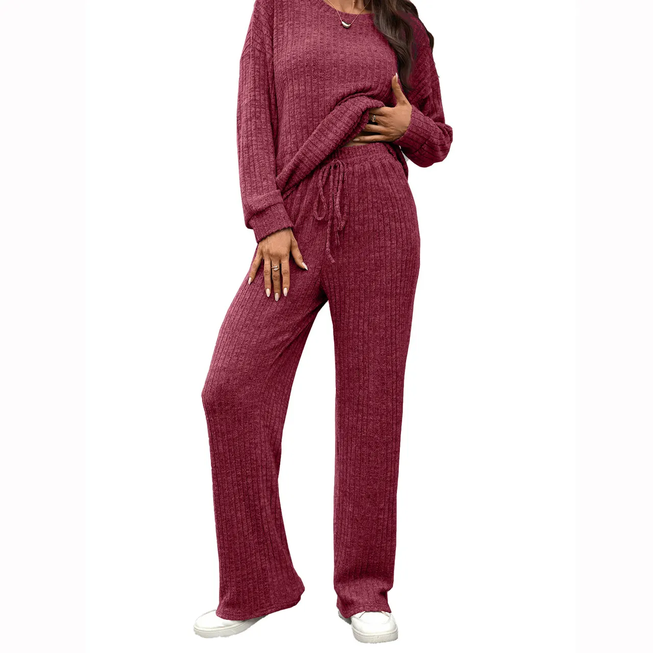 European And American Round Neck Knitted Long Sleeve Brushed Casual Long Sleeve Pants Home Wear Suit - Wine Red