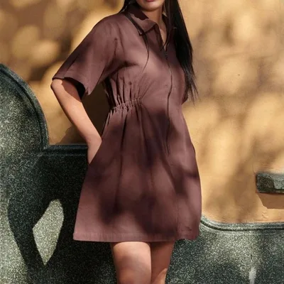 Fashion Solid Color Short Sleeve Dress Women Brown - Shop at LoveMi
