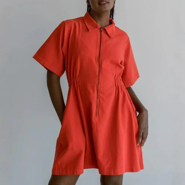 Fashion Solid Color Short Sleeve Dress Women Orange - Shop at LoveMi