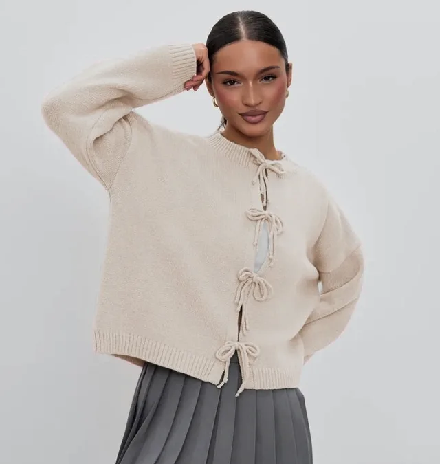 European And American European And American Leisure Loose Cardigan Lace up Solid Color Knitted Sweater For Women Apricot - Shop at LoveMi