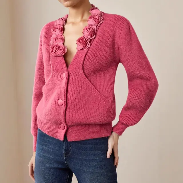 Autumn And Winter French Rose V neck Sweater Rose Red - Shop at LoveMi