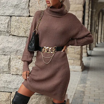 European And American Fashion Women's Wear High Collar Sweater Dress Coffee - Shop at LoveMi