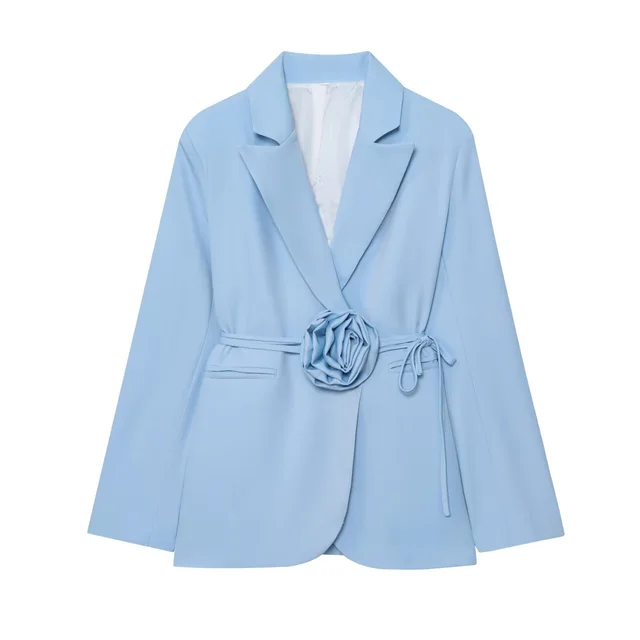 Flower Decoration Waist tight Solid Color Suit Coat For Women Light Blue - Shop at LoveMi