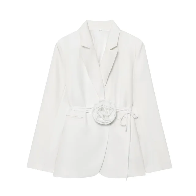 Flower Decoration Waist tight Solid Color Suit Coat For Women White - Shop at LoveMi