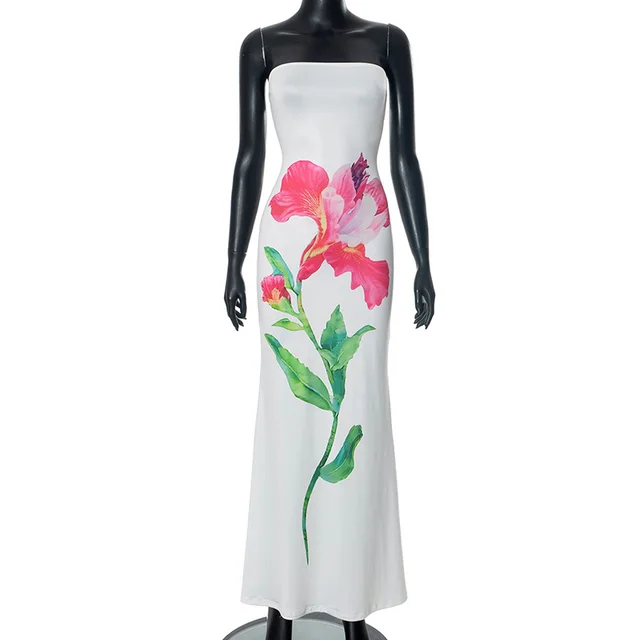 Printed Contrast Color Backless Long Tube Top Length Dress White - Shop at LoveMi