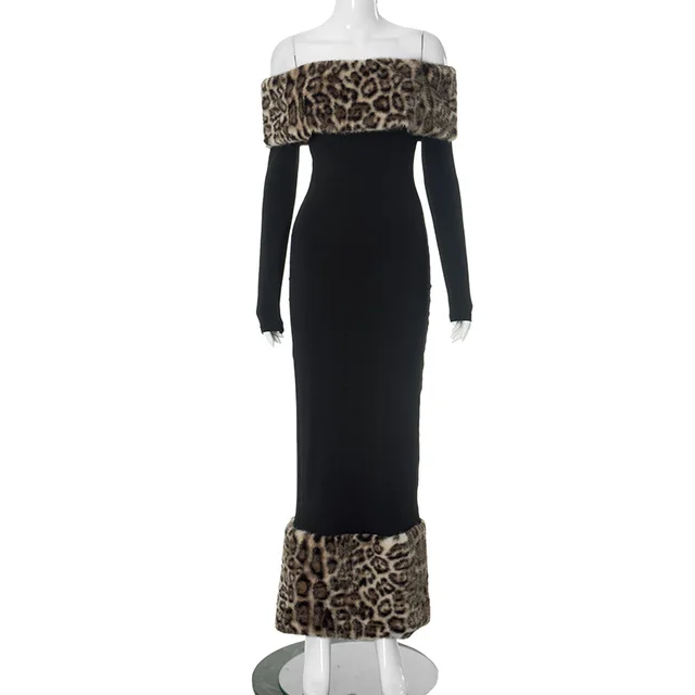 Atmospheric Leopard Print Fur Stitching Off shoulder Dress Black - Shop at LoveMi