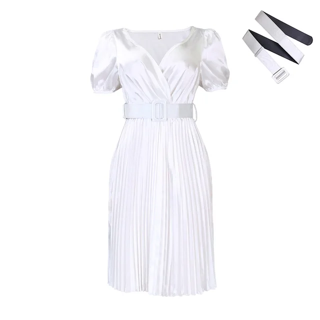 Summer V neck Cinched Pleated European And American Style Dress White - Shop at LoveMi