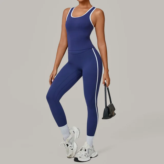 Sports Suit Color Contrast Patchwork Tight Nude Feel Navy Blue - Shop at LoveMi