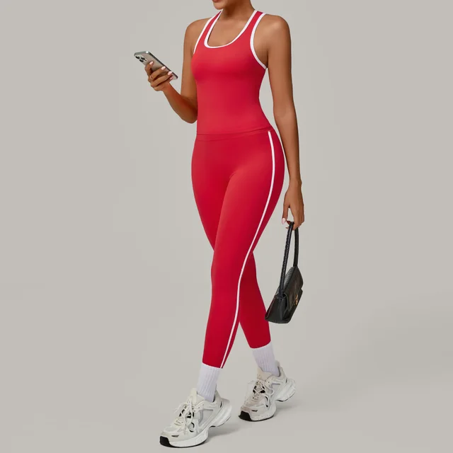 Sports Suit Color Contrast Patchwork Tight Nude Feel Red - Shop at LoveMi