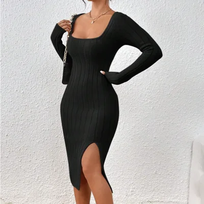 Square Collar Long Sleeve Knitted Dress Women Black - Shop at LoveMi