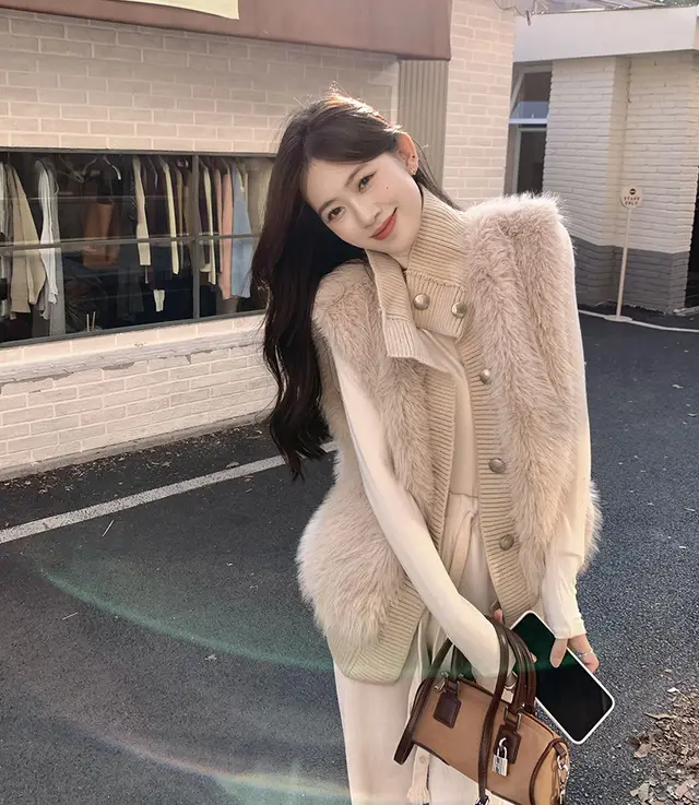 Women's Stand Collar Mink Sleeveless Sweater Coat Khaki - Shop at LoveMi