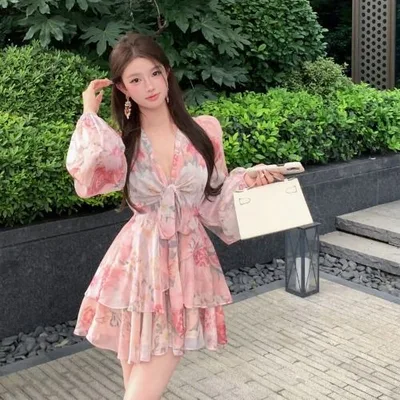 Pure Desire Waist Trimming Easy Matching Sling Printed Female V neck Dress Pink - Shop at LoveMi
