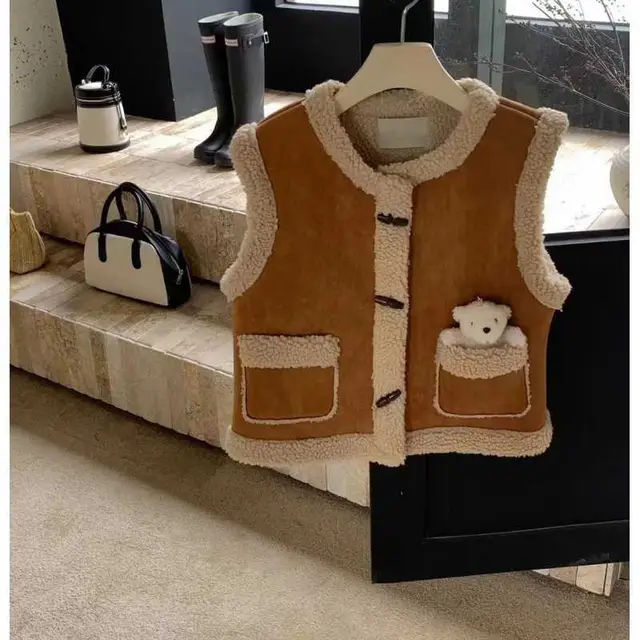 Lamb Fur And Fur All matching Cute Anti aging Horn Button Vest Brown - Shop at LoveMi