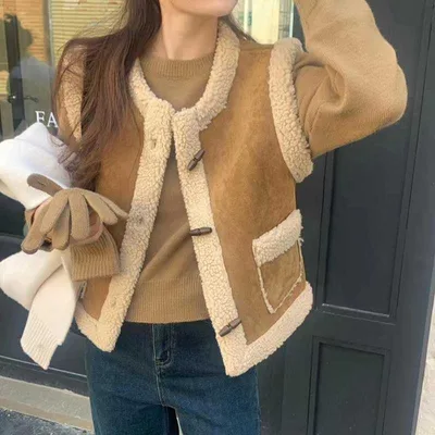Lamb Fur And Fur All matching Cute Anti aging Horn Button Vest Camel - Shop at LoveMi