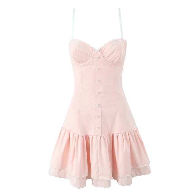French Retro Embroidered Rope Sling Dress Women Pink - Shop at LoveMi