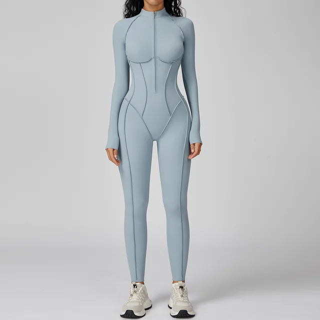 High intensity Sports Contrast Color Stand up Collar Jumpsuit Sea Salt Blue - Shop at LoveMi