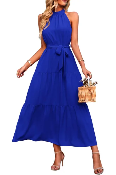 Halter Lace up Casual Loose Stitching Dress Blue - Shop at LoveMi