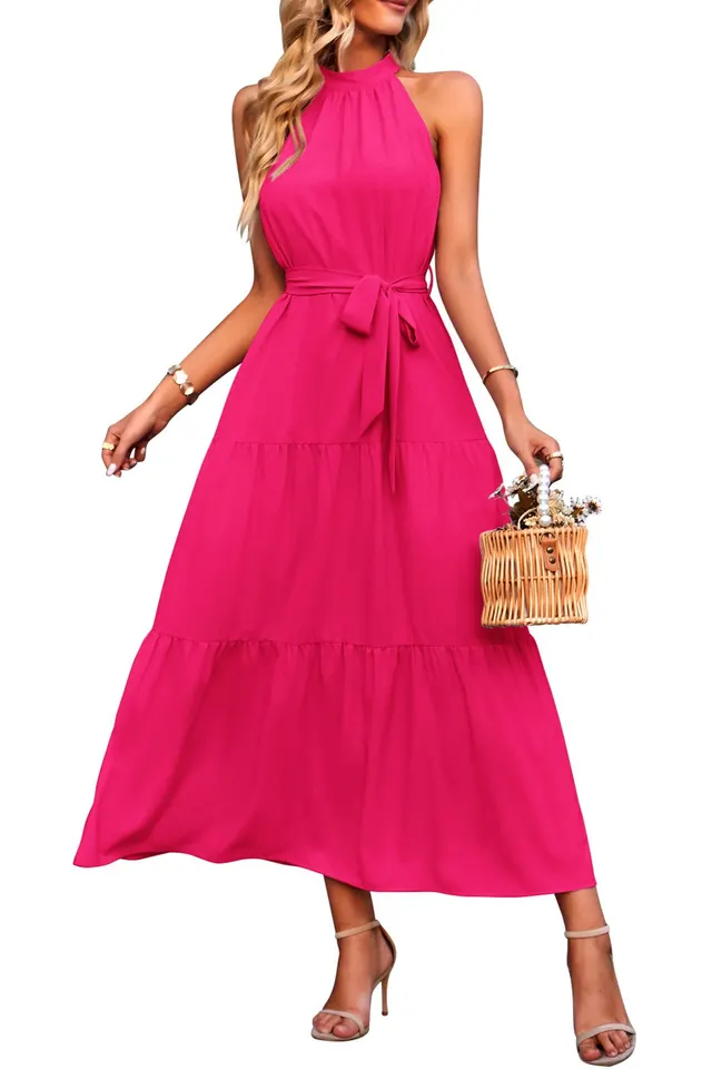 Halter Lace up Casual Loose Stitching Dress Rose Red - Shop at LoveMi