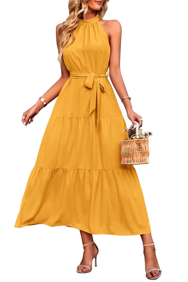Halter Lace up Casual Loose Stitching Dress Yellow - Shop at LoveMi