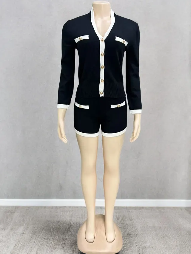 Women's Contrast Color Single breasted Long Sleeve Thread V neck Cardigan Top Shorts Two piece Set Black Suit - Shop at LoveMi