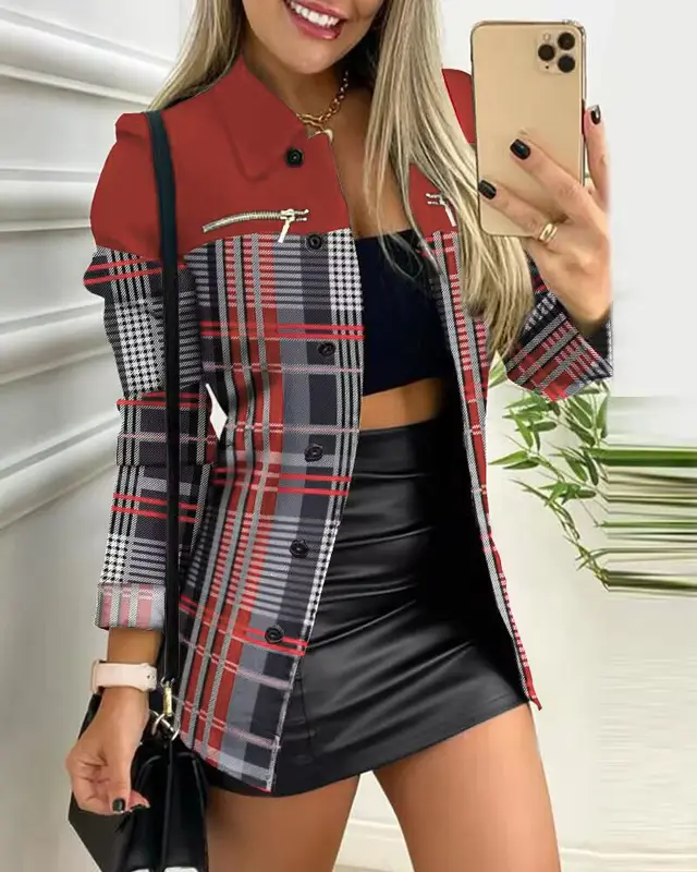 Long Sleeve Zipper Color Matching Printing Lapel Small Coat Red Plaid - Shop at LoveMi