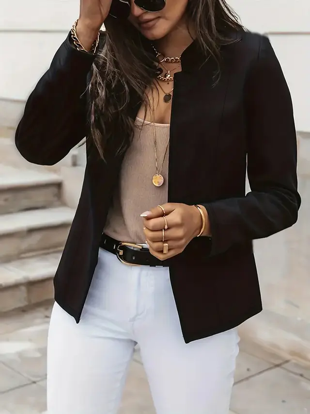 Fashion Solid Color Stand Collar Long Sleeve Women's Clothing Jacket Black - Shop at LoveMi