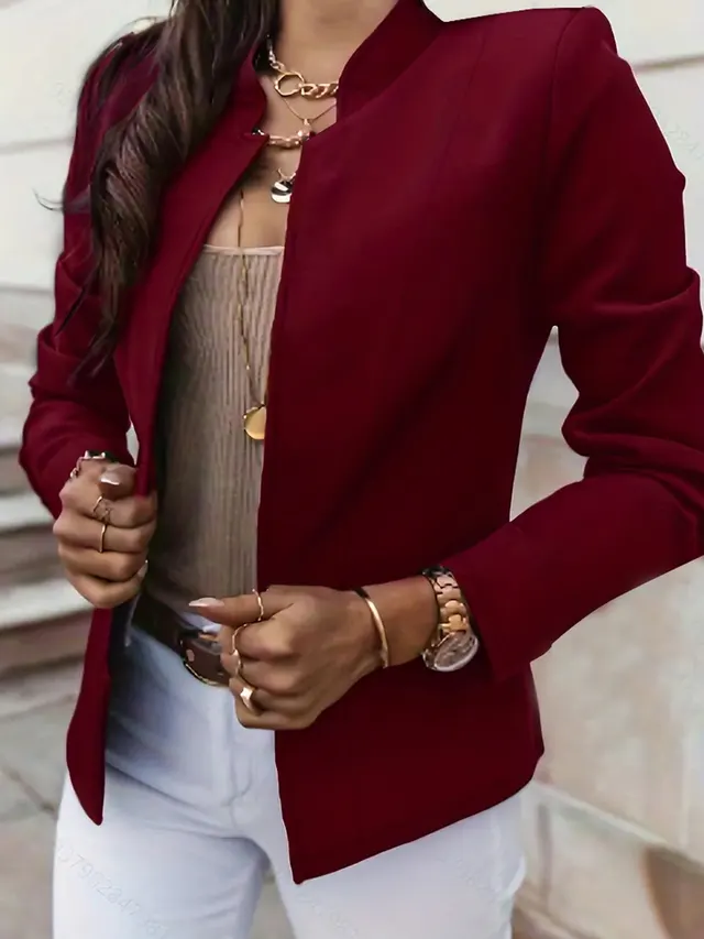 Fashion Solid Color Stand Collar Long Sleeve Women's Clothing Jacket Wine Red - Shop at LoveMi