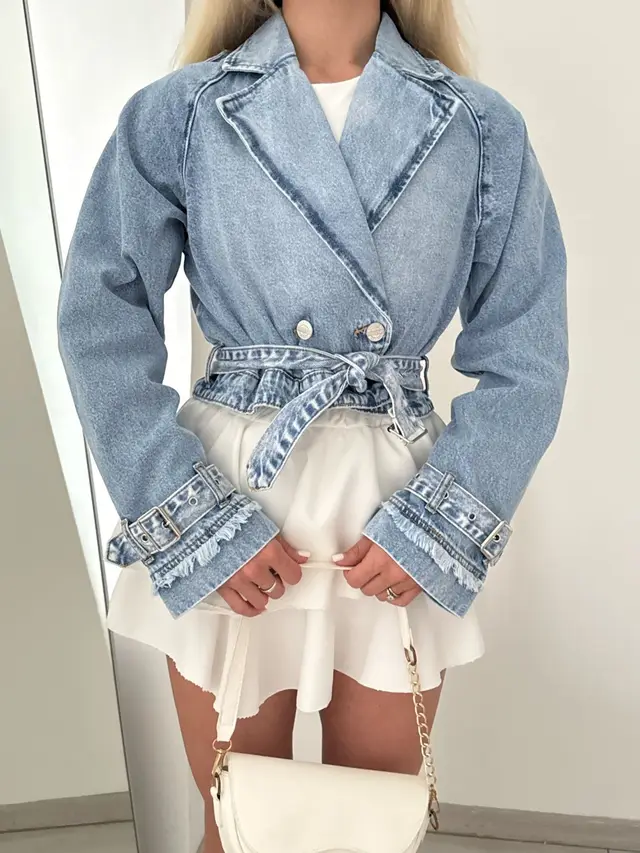 Lapel Long Sleeve Denim Wind breaker Coat Blue - Shop at LoveMi