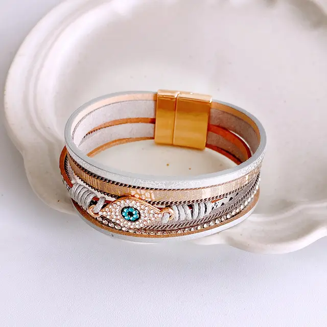 Diamond embedded Magnetic Bracelet Ethnic Style Simple Personality Bracelet Trendy All matching Golden Gray - Shop at LoveMi