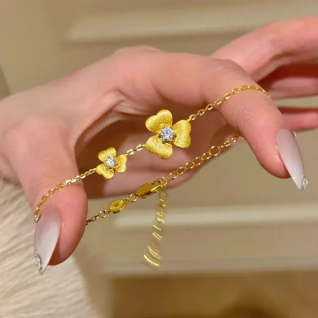 Gold feeling Gold Ancient Brushed Clover Bracelet For Women Mild Luxury Retro Yellow Gold - Shop at LoveMi