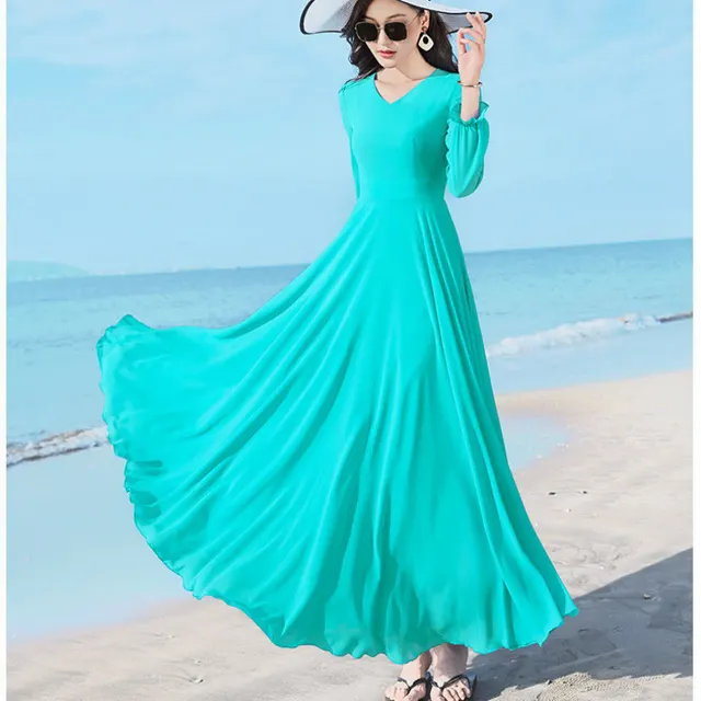 Double layer Swing Slimming Long sleeved Chiffon Women's Mid length Over the knee Dress Azure - Shop at LoveMi