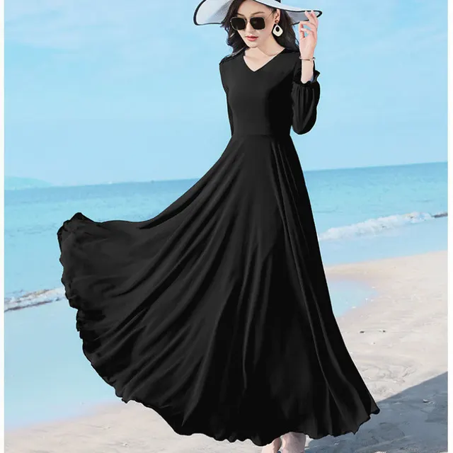 Double layer Swing Slimming Long sleeved Chiffon Women's Mid length Over the knee Dress Black - Shop at LoveMi