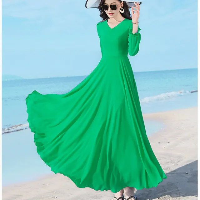 Double layer Swing Slimming Long sleeved Chiffon Women's Mid length Over the knee Dress Green - Shop at LoveMi
