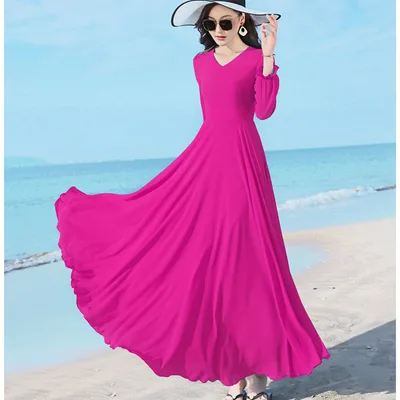 Double layer Swing Slimming Long sleeved Chiffon Women's Mid length Over the knee Dress Rose Red - Shop at LoveMi
