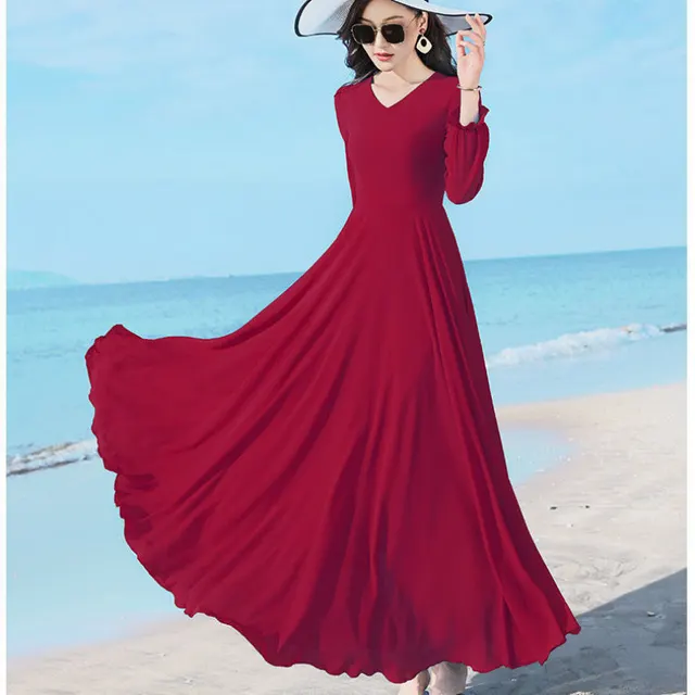 Double layer Swing Slimming Long sleeved Chiffon Women's Mid length Over the knee Dress Wine Red - Shop at LoveMi