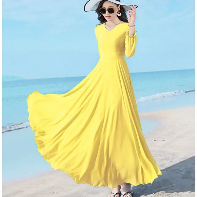 Double layer Swing Slimming Long sleeved Chiffon Women's Mid length Over the knee Dress Yellow - Shop at LoveMi