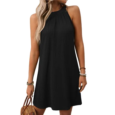Round Neck Halter Loose Sleeveless Dress Women Black - Shop at LoveMi