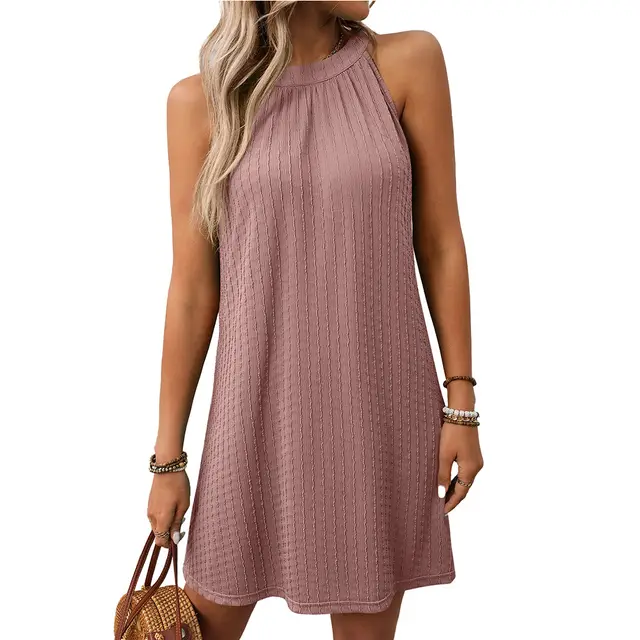 Round Neck Halter Loose Sleeveless Dress Women Dark Pink - Shop at LoveMi
