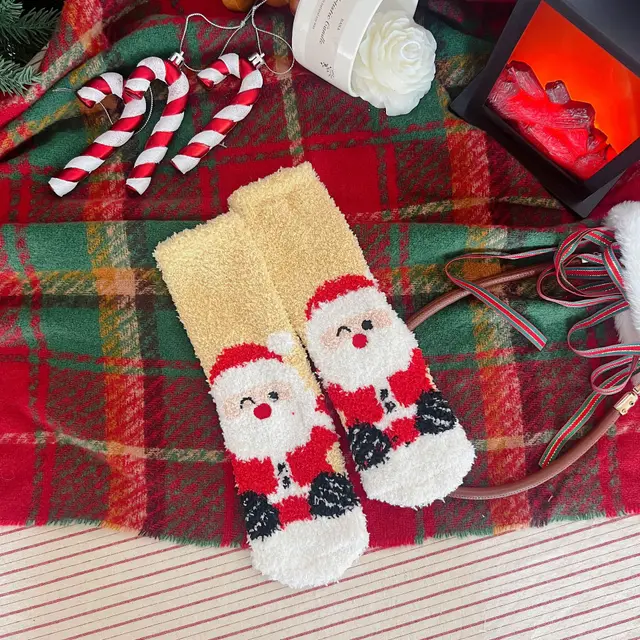 Christmas Lint free Cute Coral Fleece Thermal Middle Tube Women's Socks Santa Claus - Shop at LoveMi