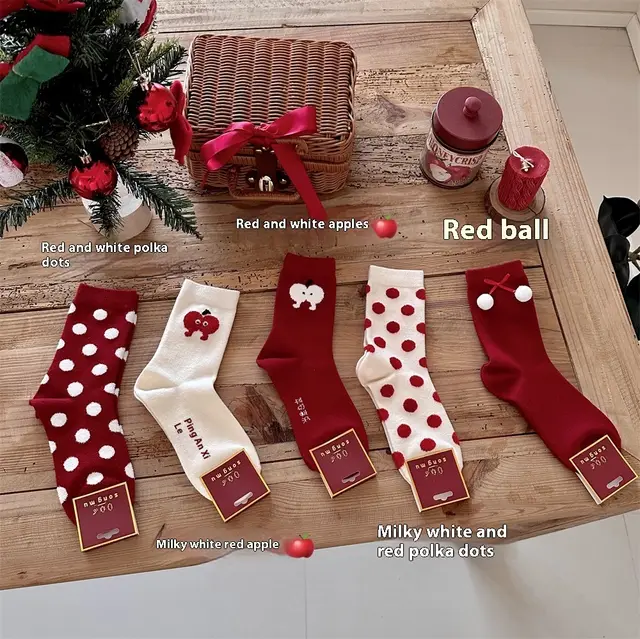 Red Dehaired Angora Polka Dot Mid calf Creative Christmas Stockings Red And White Apple - Shop at LoveMi