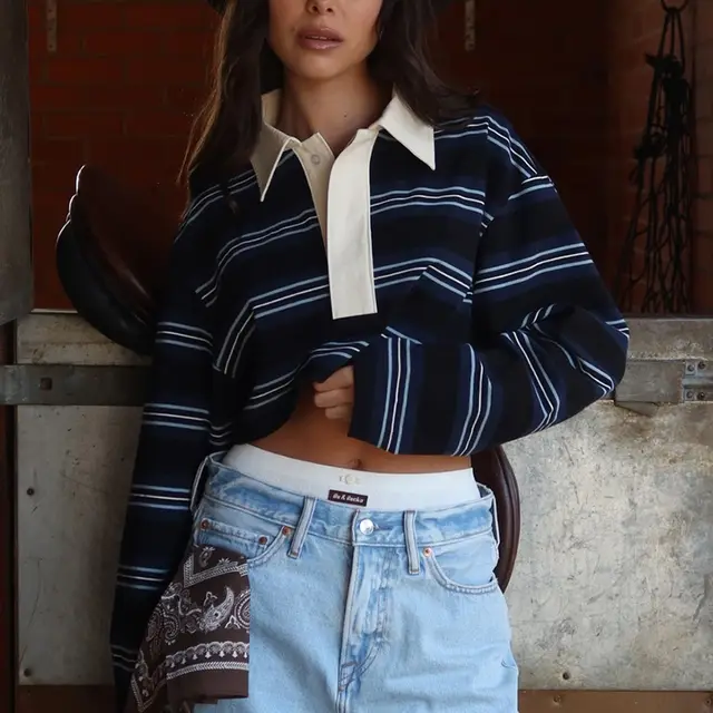 Autumn Loose Striped Polo Collar Long Sleeve Top Blue - Shop at LoveMi