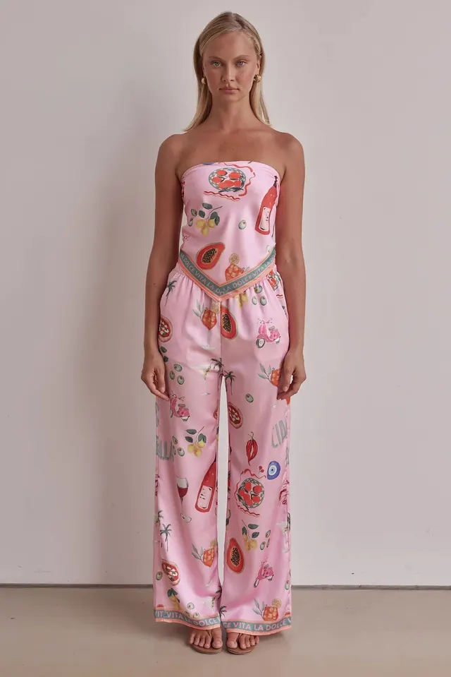Fashion Positioning Printed Tube Top Wide Leg Pants Suit Pink - Shop at LoveMi