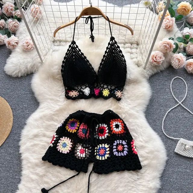 Summer New Bikini Vacation Travel Knitted Hollow Suit Black - Shop at LoveMi