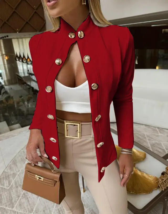 Autumn And Winter Stand up Collar Slim fit Long sleeved Double Breasted Coat Red - Shop at LoveMi