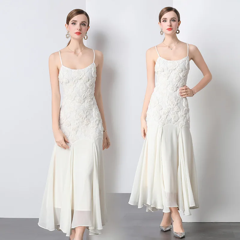 French Style Machine Embroidery Rose Flower Sling Dress - Apricot