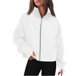 Long Zipper Short Stand Collar Thumb Hole Brushed Hoody - White