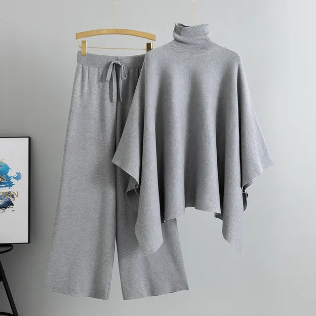 Turtleneck Cape Knitted Wide leg Pants Elegant Outfit Gray - Shop at LoveMi