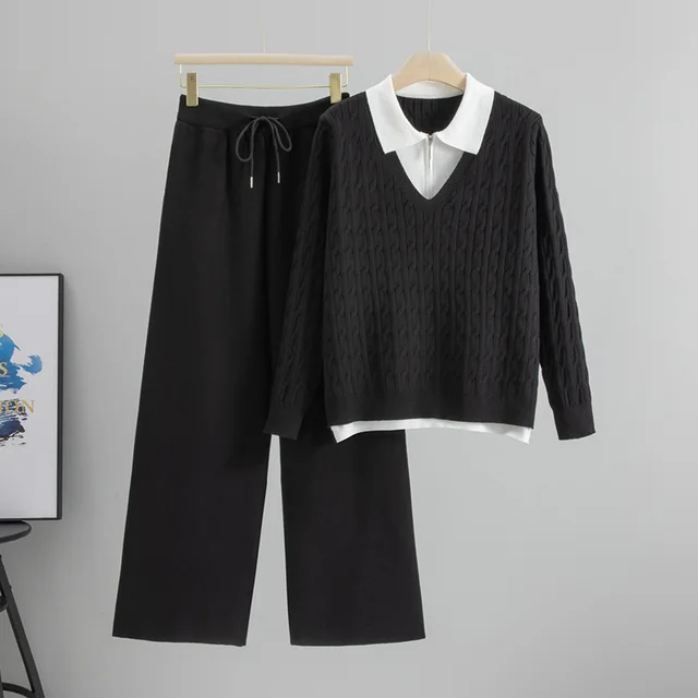 Cable knit Sweater Polo Collar Knitwear Wide Leg Pants Two piece Set Black - Shop at LoveMi